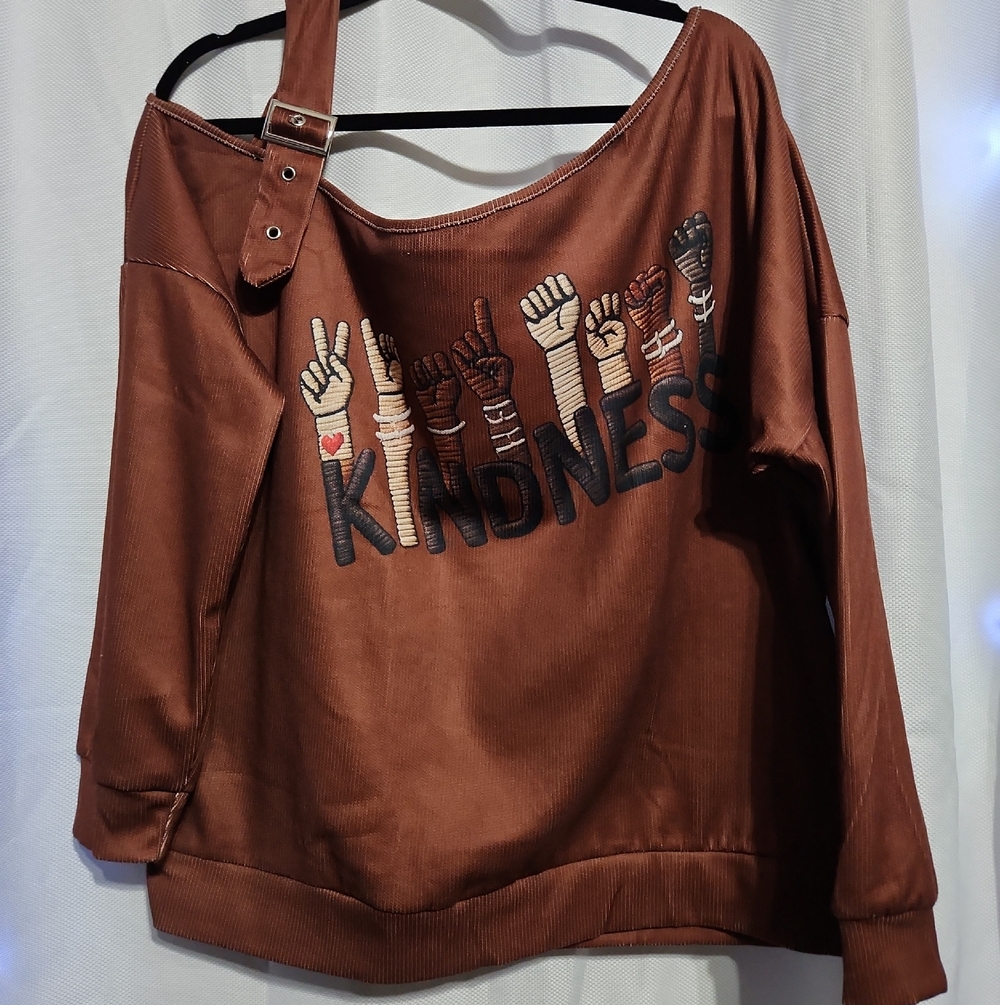 Brown Top, Off The Shoulder w/KINDESS Lettering, Size L